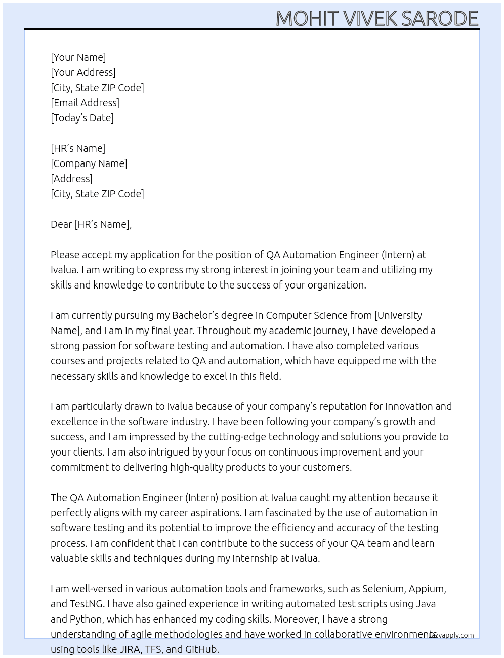 QA Automation Engineer (Intern) At Ivalua Cover Letter