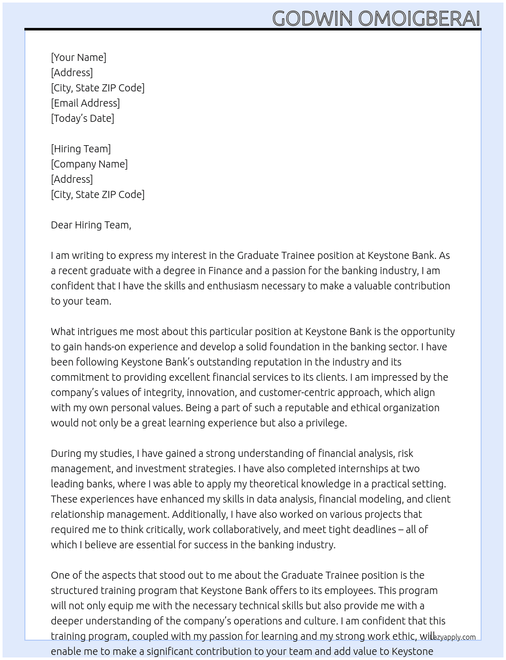 Graduate Trianee At Keystone Bank Cover Letter