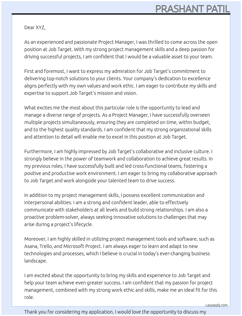 Project Manager  At Job Target  Cover Letter