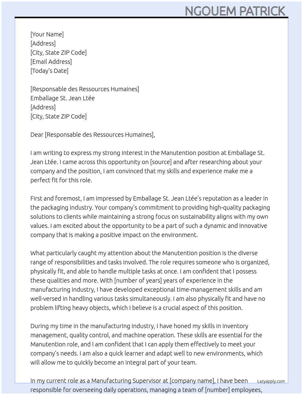 Manutention  At Emballage st Jean Ltée Cover Letter
