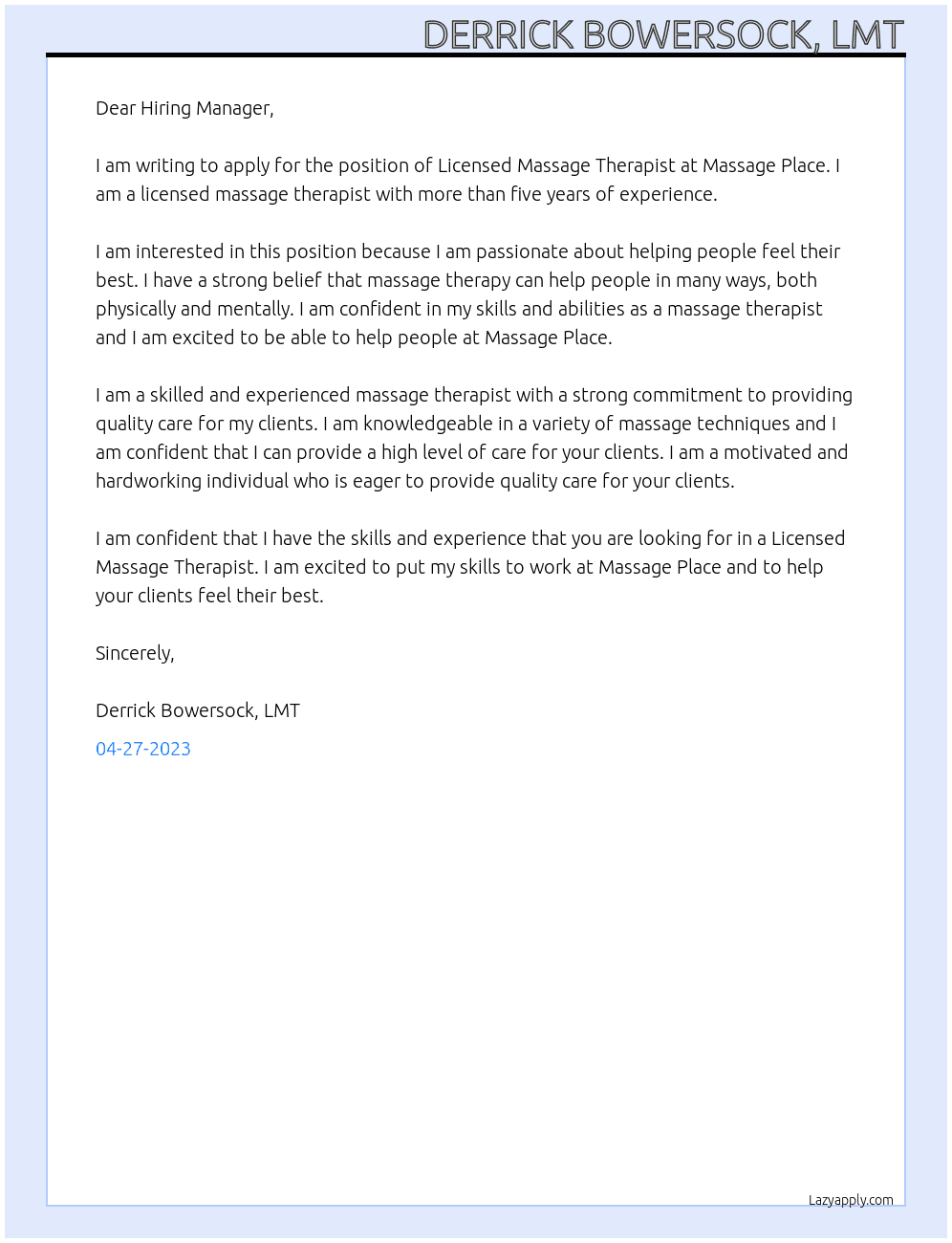 Licensed Massage Therapist At Massage Place Cover Letter