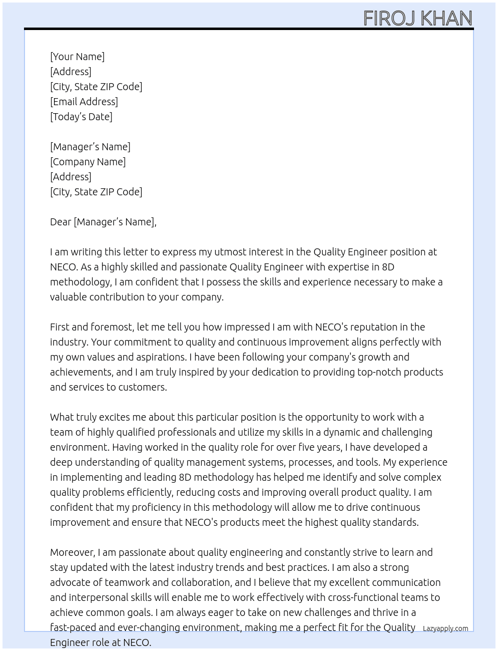 quality engineer At neco Cover Letter