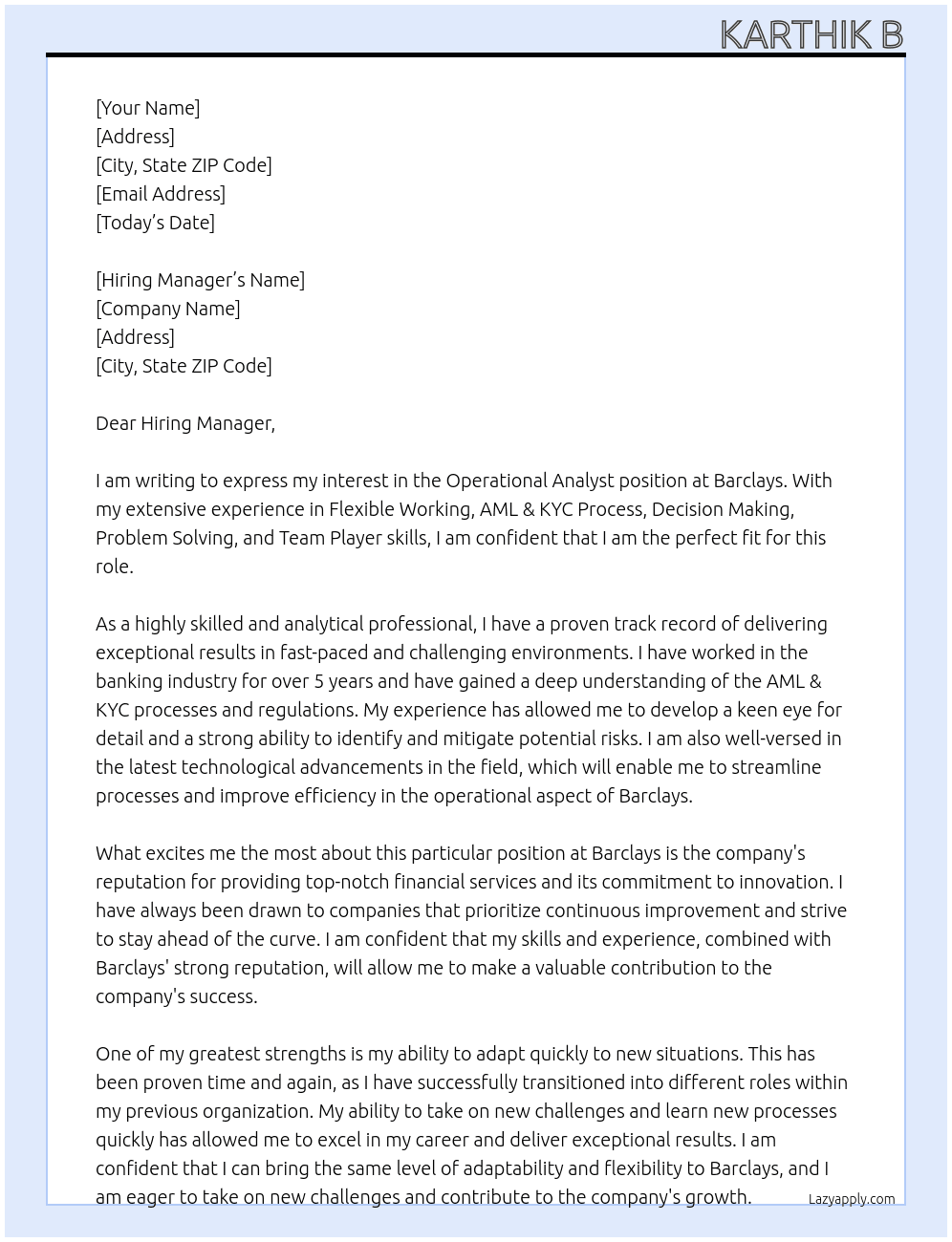 Operational Analyst At Barclays Cover Letter