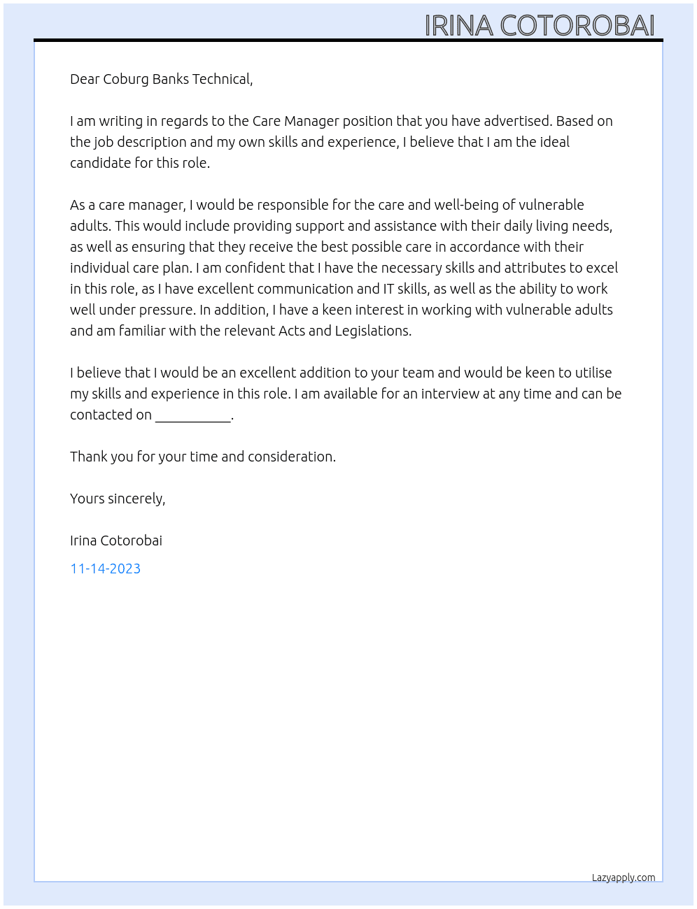 Care manager  At Coburg Banks Technical  Cover Letter