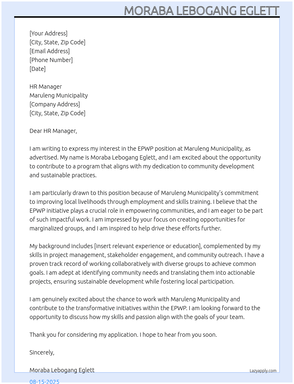 EPWP Position At Maruleng Municipality Cover Letter