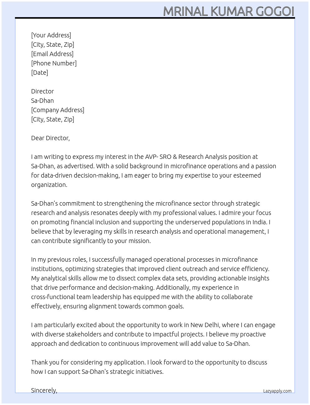 AVP- SRO & Research Analysis At Sa-Dhan Cover Letter