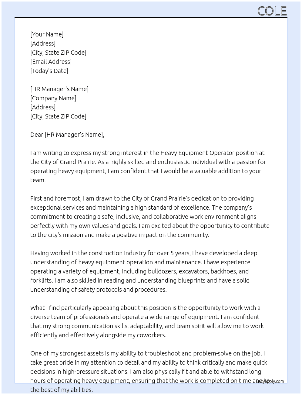 Heavy Equipment Operator At City of Grand Prairie Cover Letter