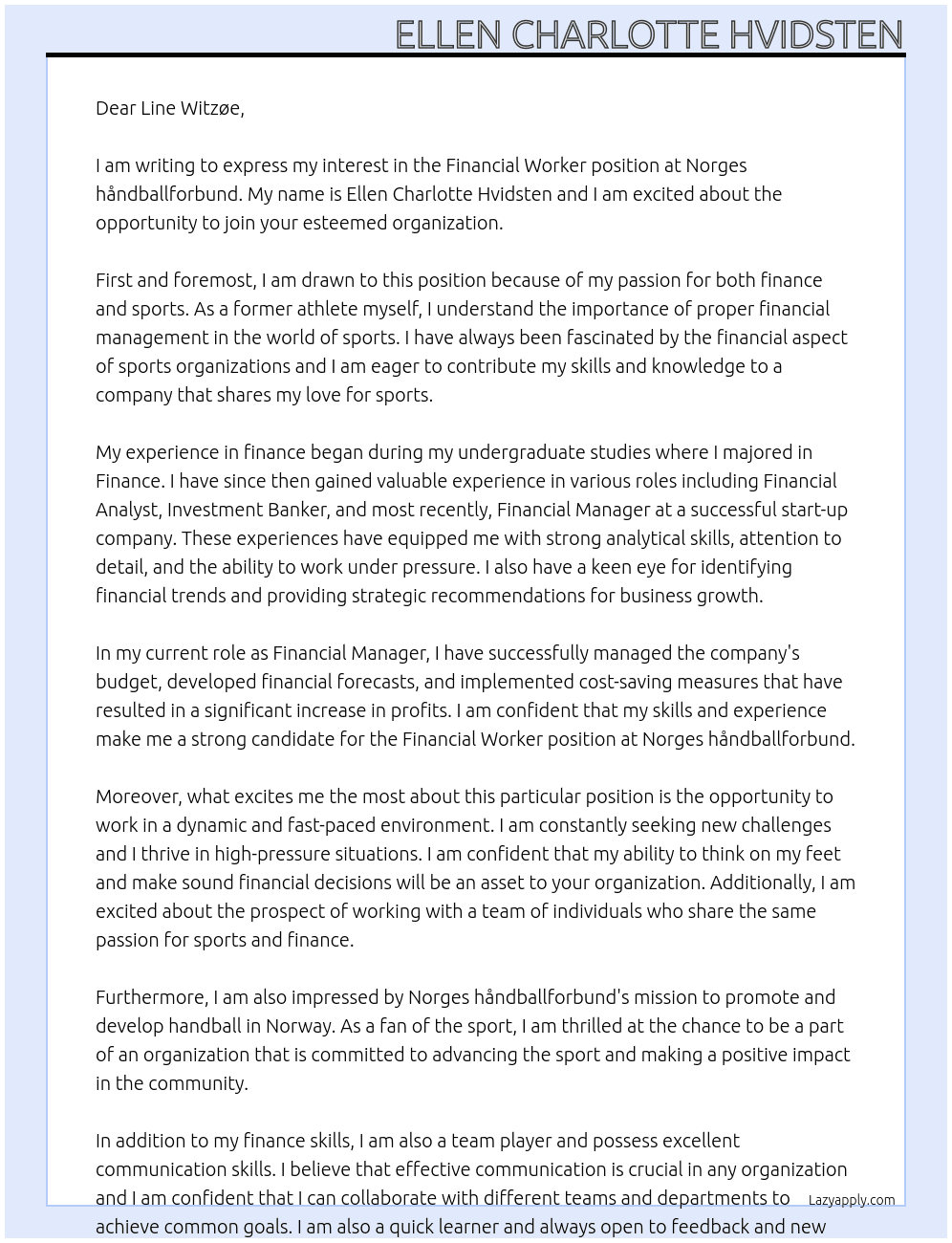 financial worker At Norges håndballforbund Cover Letter