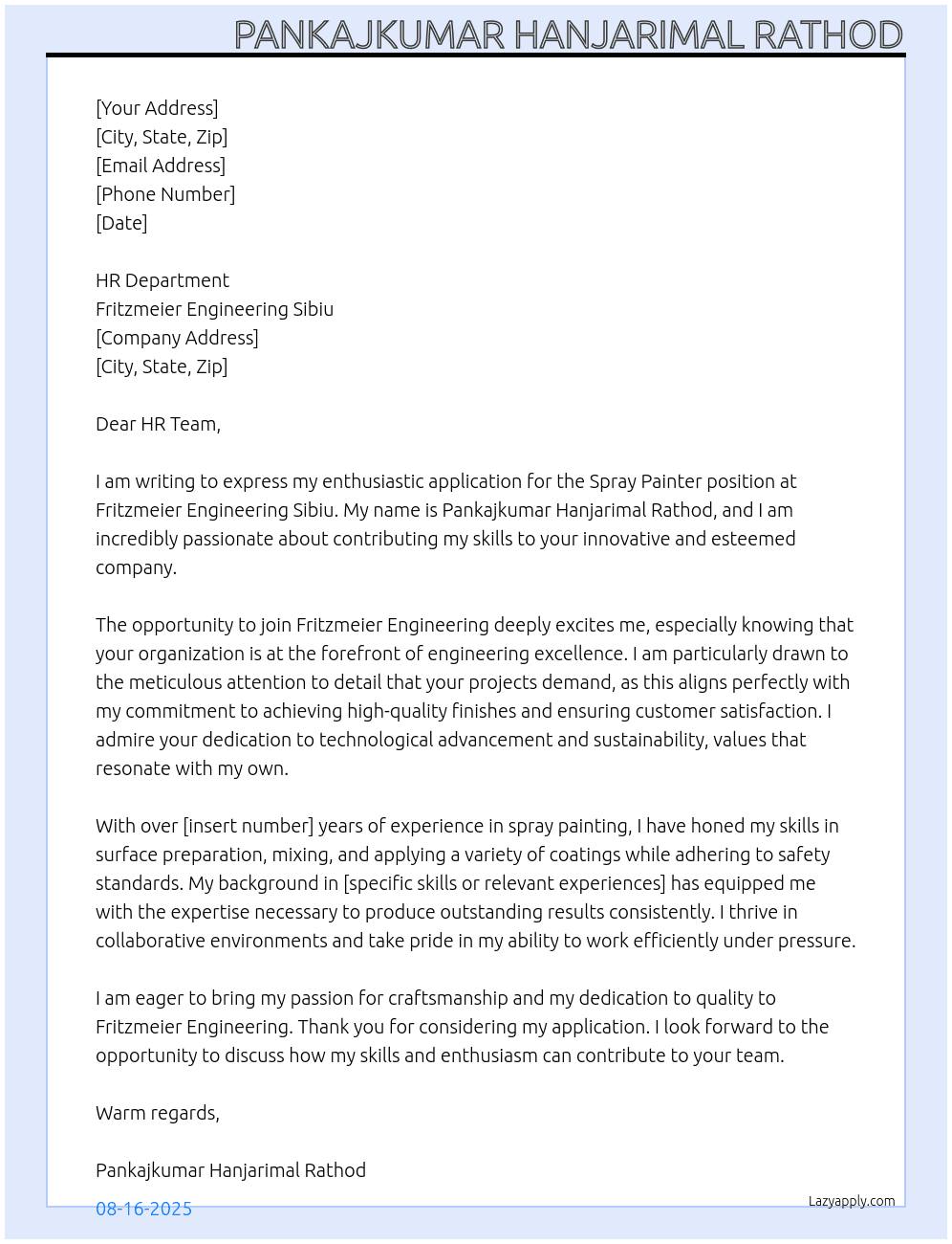 Spray Painter  At Fritzmeier engineering sibiu  Cover Letter