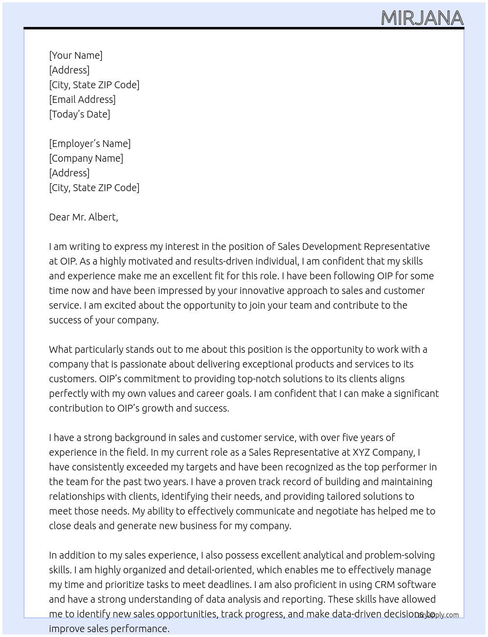 sales development representative At OIP Cover Letter