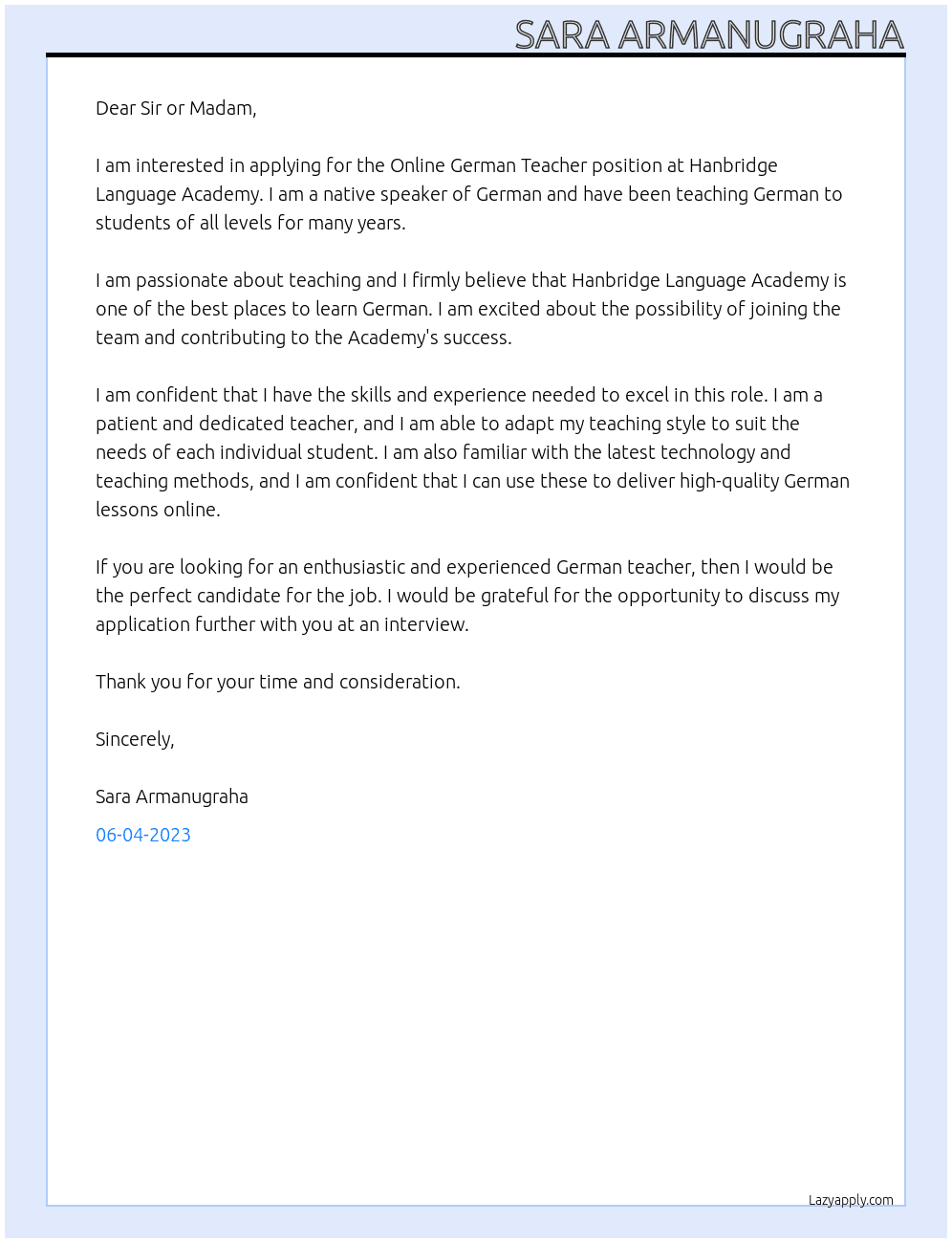 Online German Teacher At  Hanbridge Language Academy Cover Letter