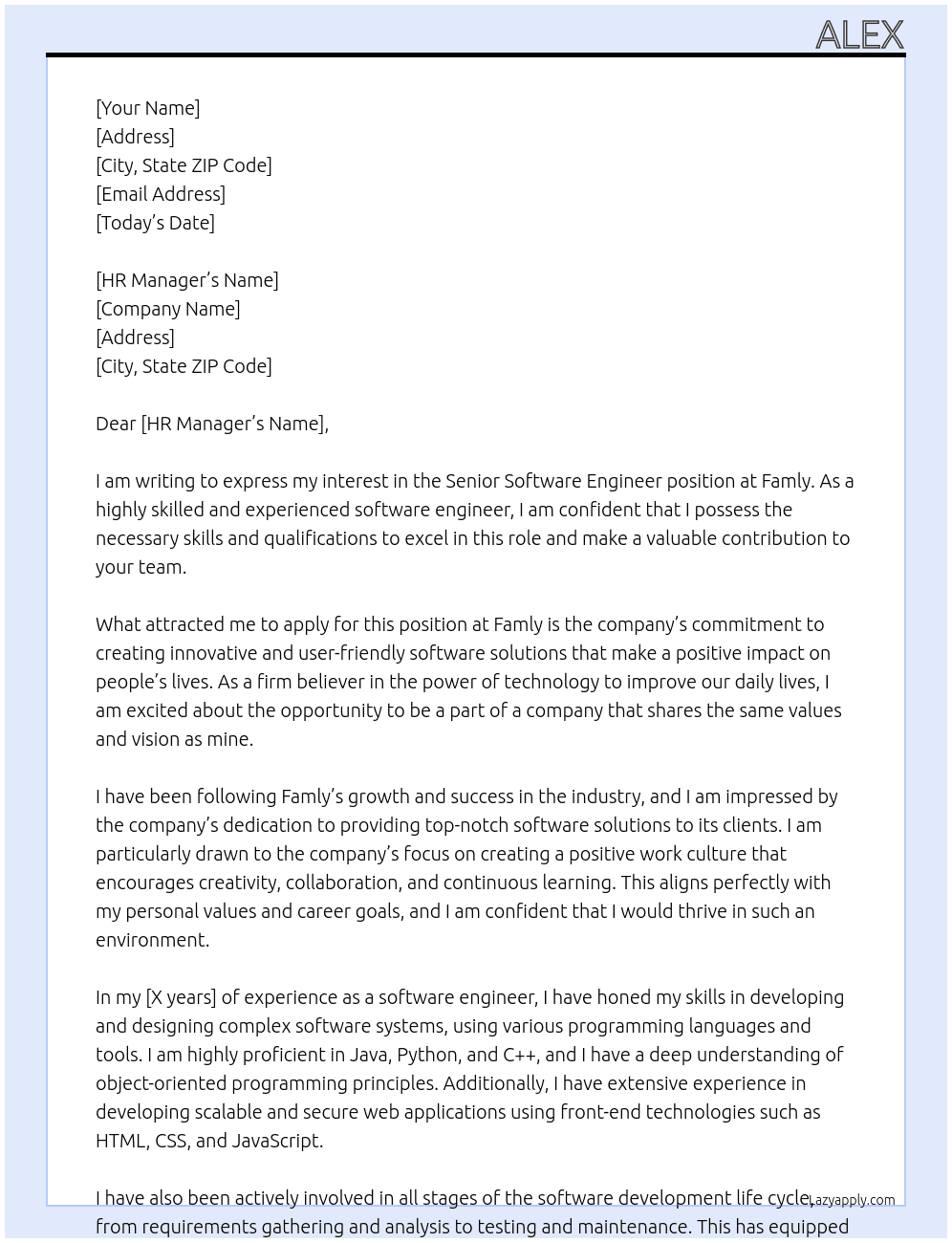 Senior software engineer At Famly Cover Letter