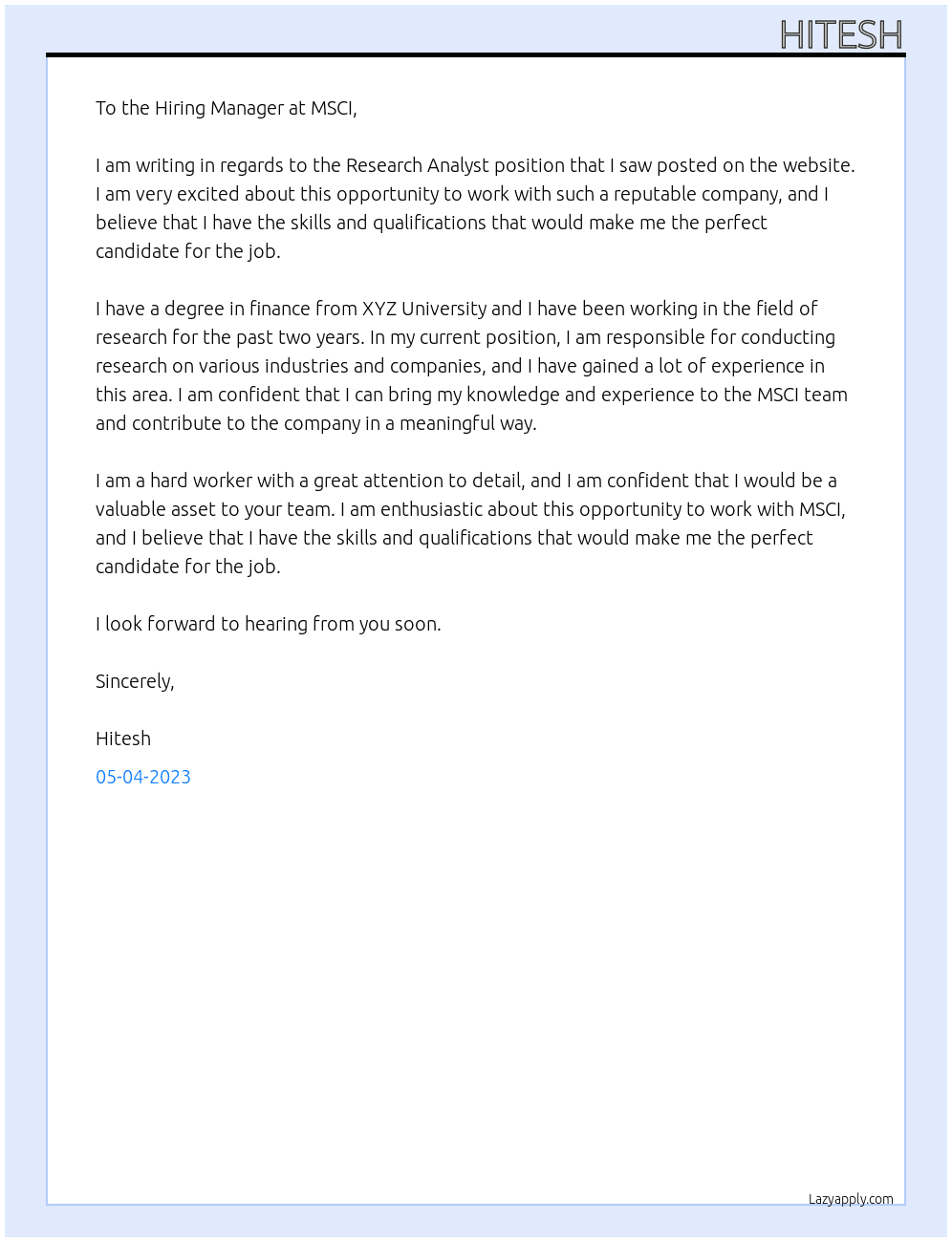 Research Analyst At MSCI Cover Letter