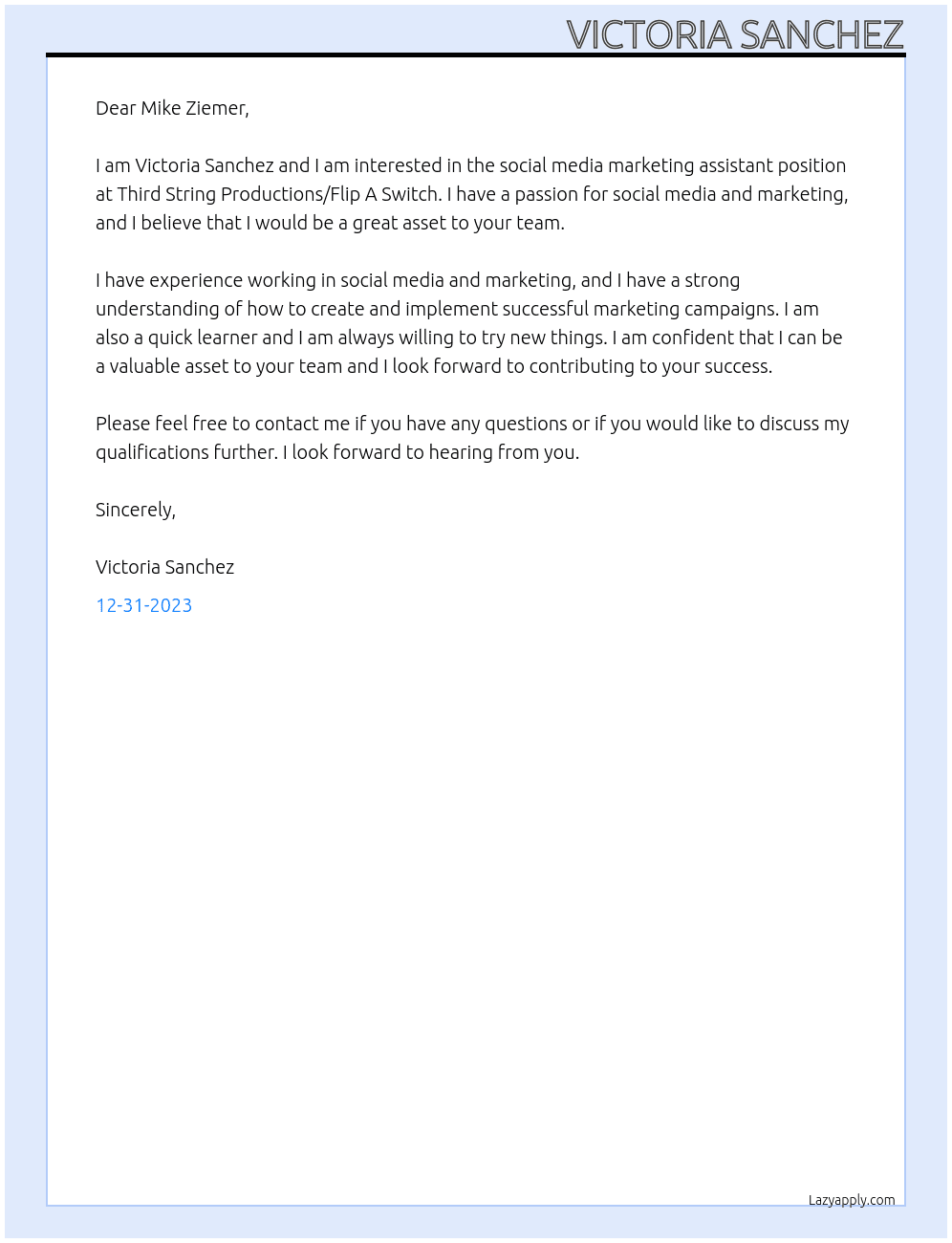 Social media marketing assistant At Third String Productions/Flip A Switch Cover Letter