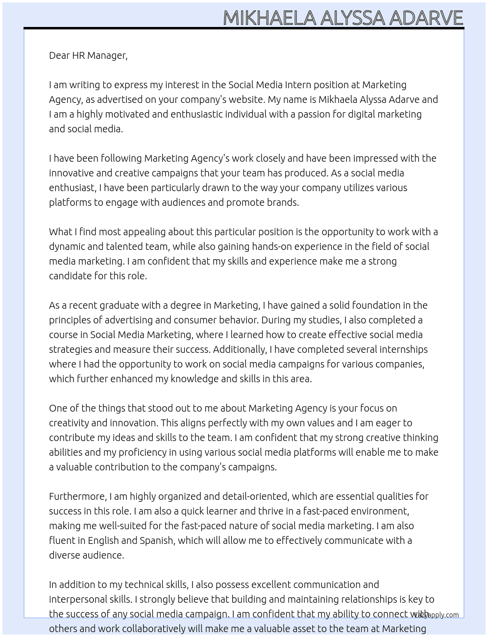 Social Media Intern At Marketing Agency Cover Letter