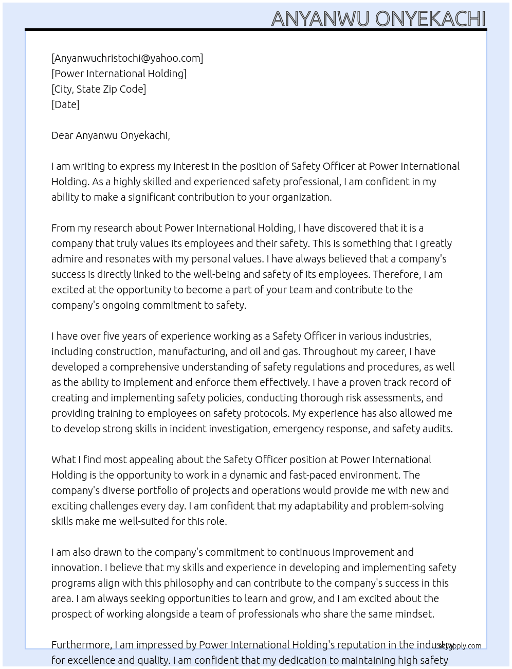 safety officer At power international holding Cover Letter
