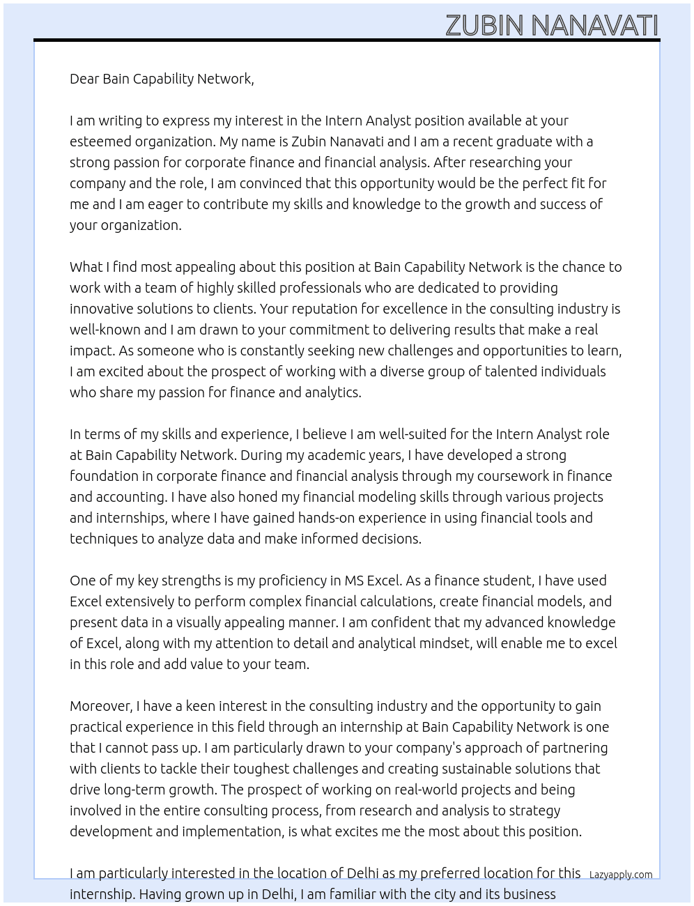 Intern Analyst  At Bain Capability Network Cover Letter