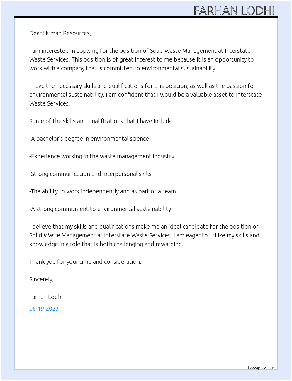 Solid Waste Management  At Interstate Waste Services  Cover Letter