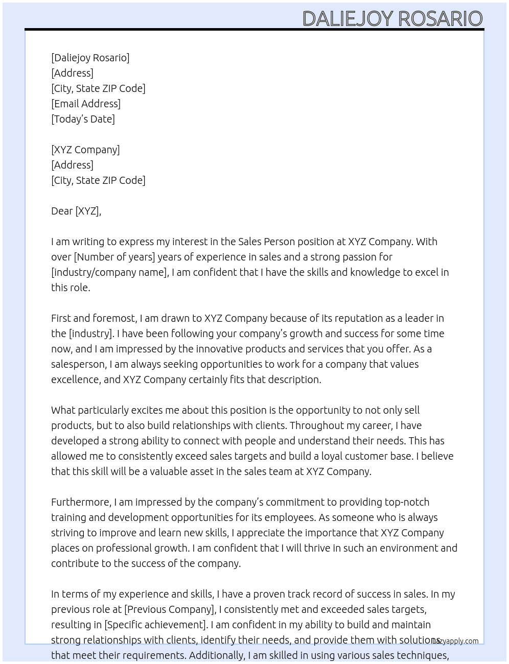 Sales Person At XYZ Cover Letter