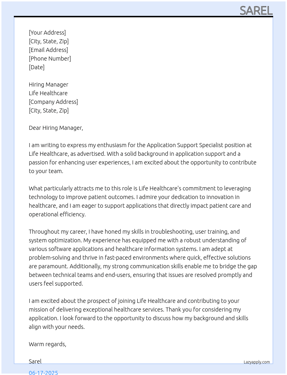 Application Support Specialist At Life Healthcare Cover Letter