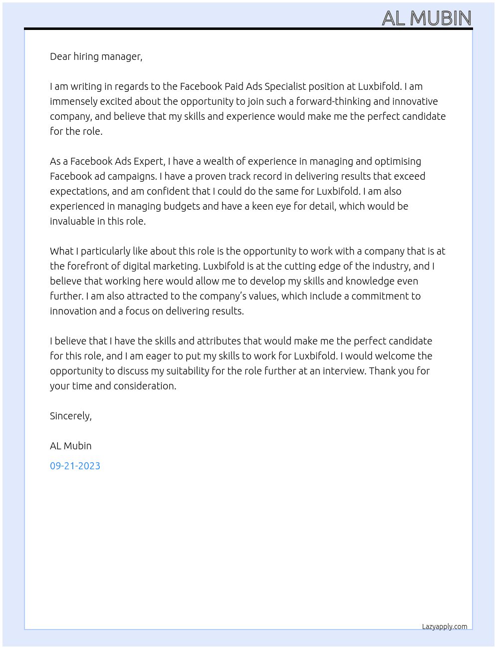 Facebook Paid Ads Specialist At Luxbifold Cover Letter