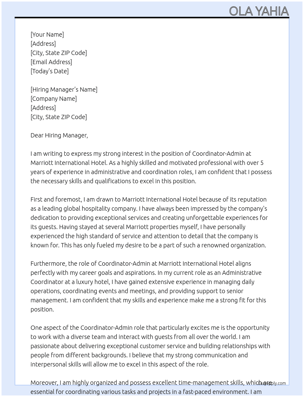 Coordinator-Admin At Marriott International Hotel Cover Letter