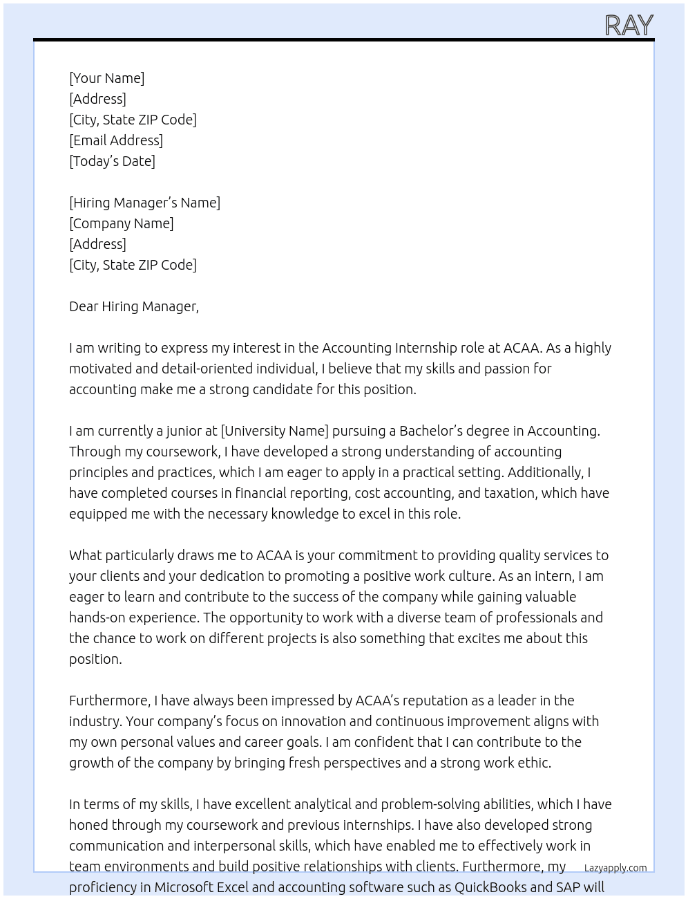 Accounting At ACAA  Cover Letter