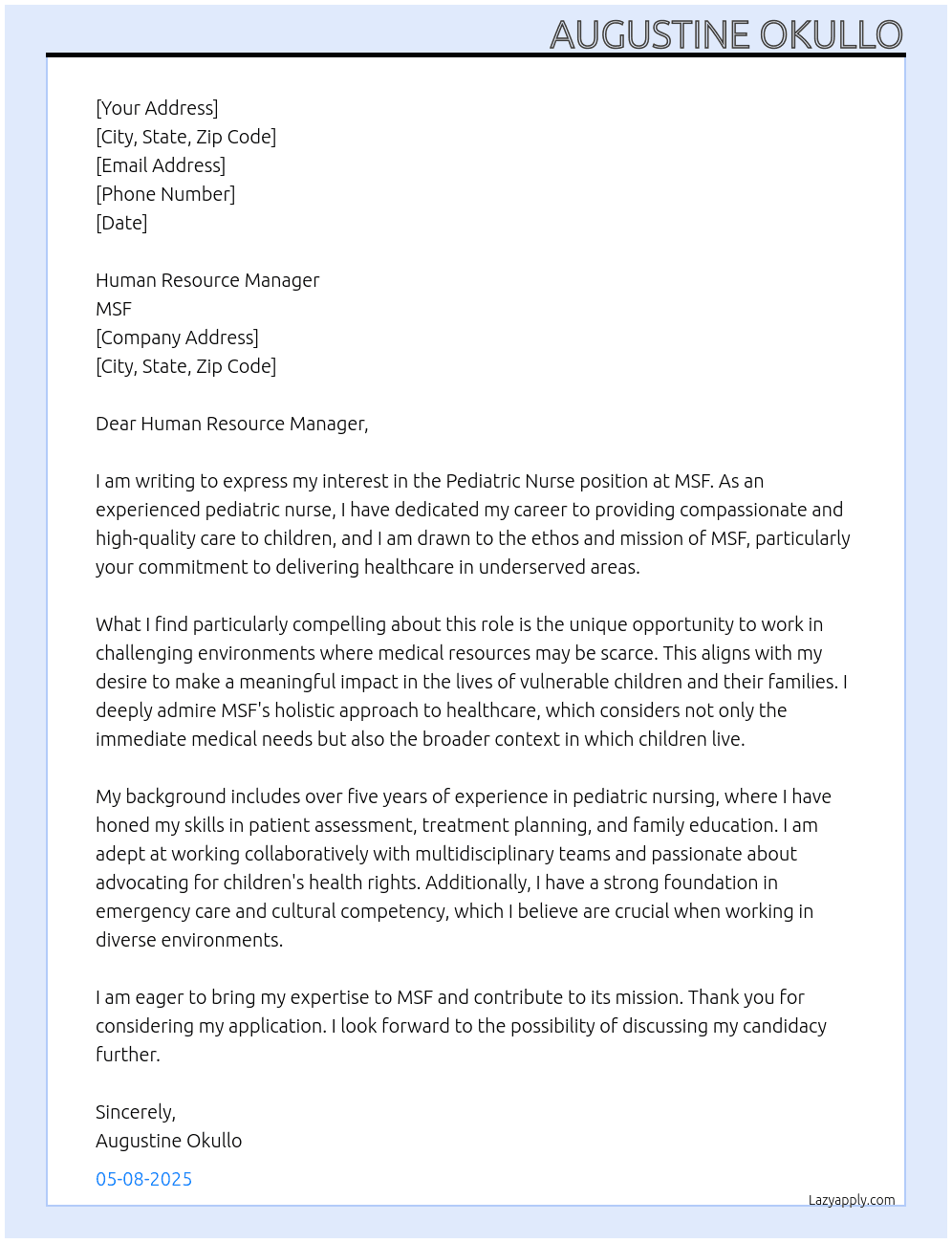 Cover letter for pediatric nurse - LazyApply