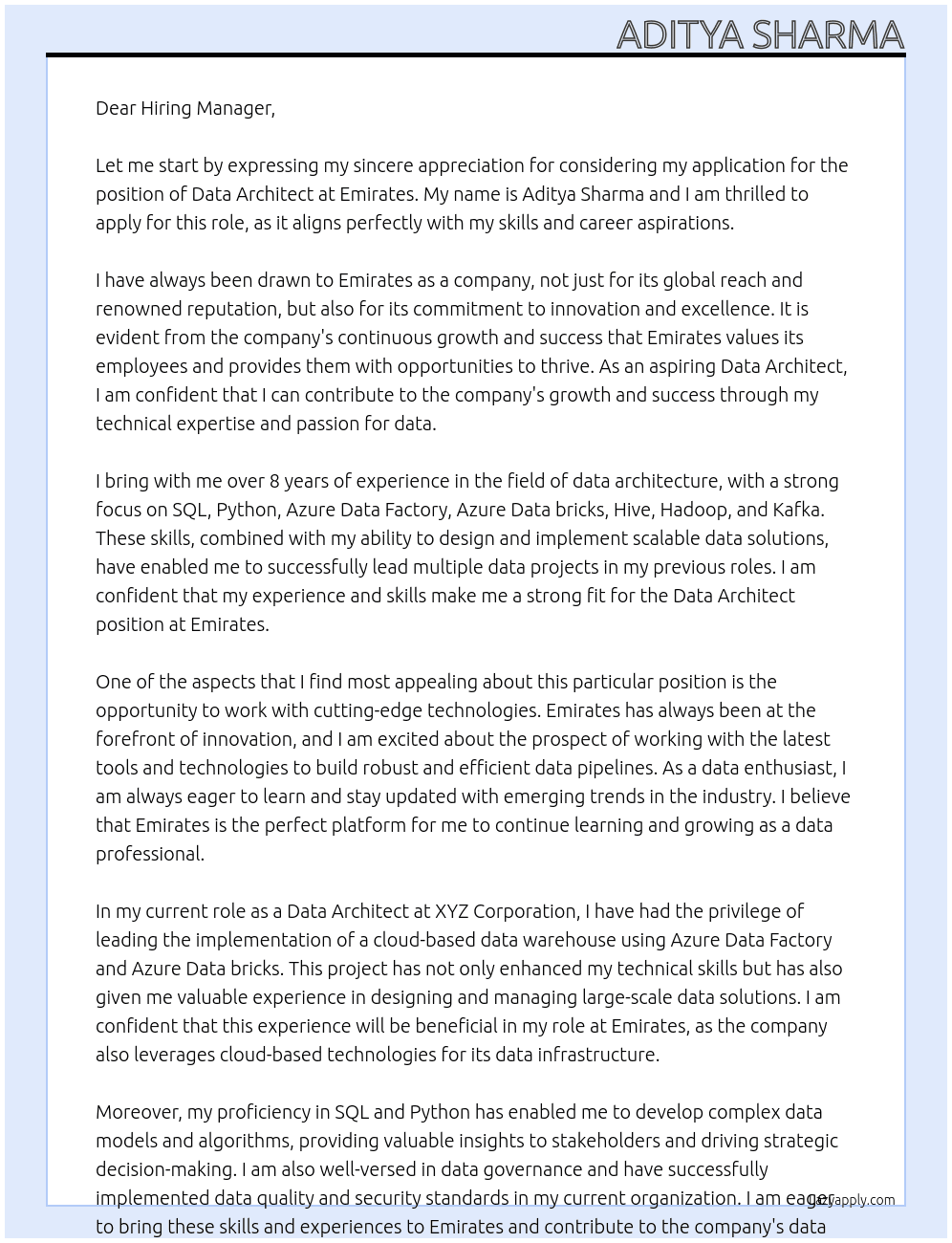 Data Architect At Emirates Cover Letter