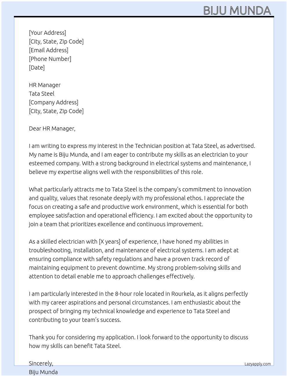 Cover letter for tecnician - LazyApply