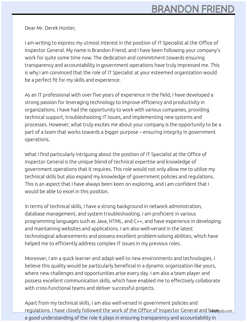 IT Specialist  At Office of inspector general Cover Letter