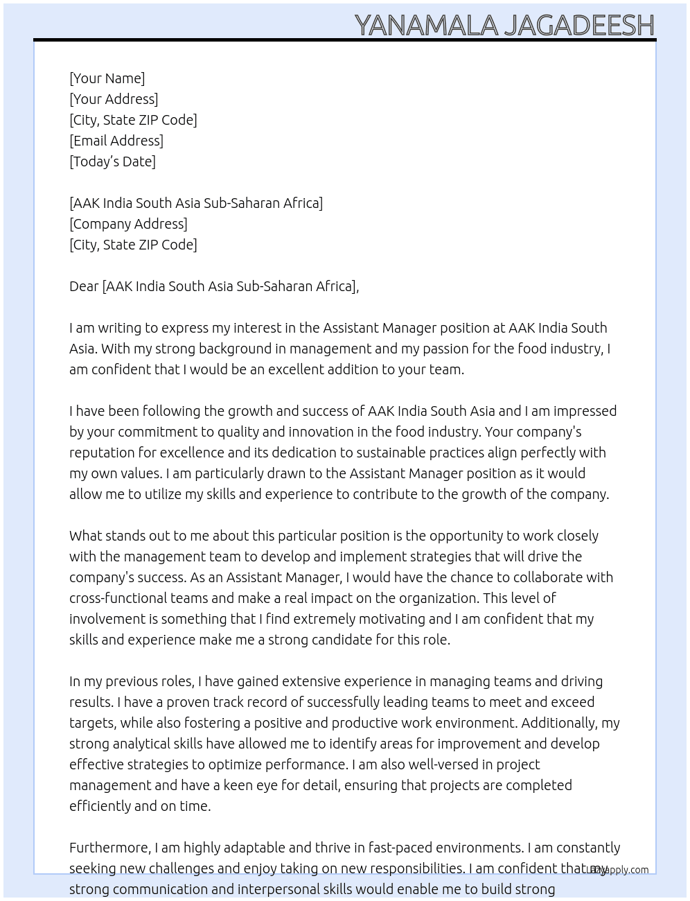 assistant manager At AAK India South Asia  Cover Letter