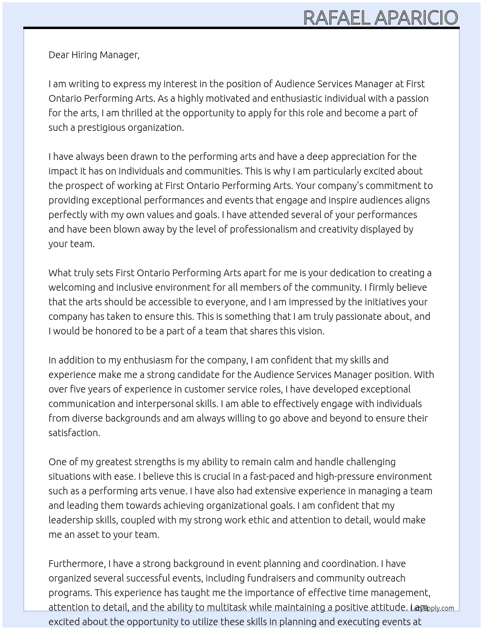 Audience Services Manager At First Ontario Performing Arts Cover Letter