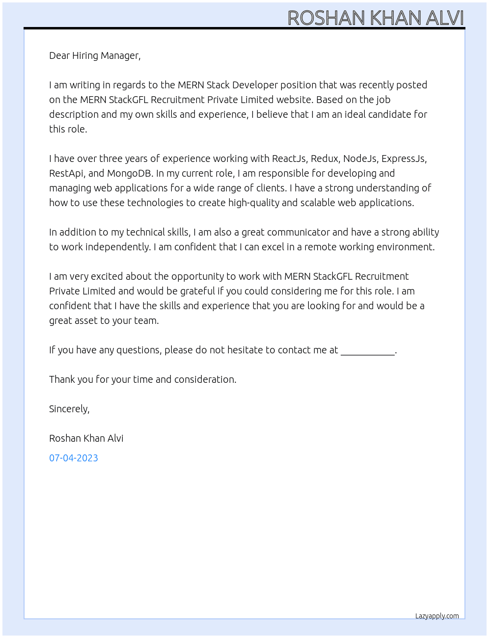  MERN Stack Developer (Remote) At  MERN StackGFL Recruitment Private Limited Cover Letter