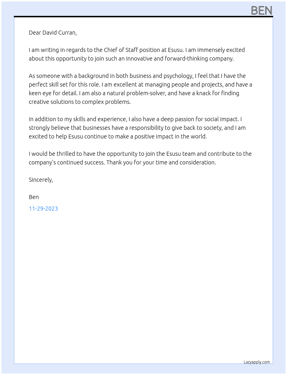 Chief of Staff At Esusu Cover Letter