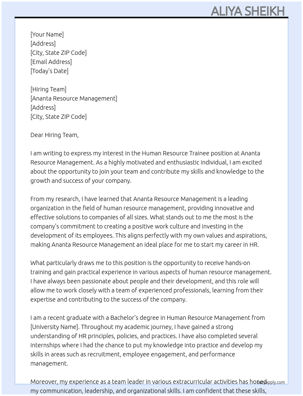 Human Resource Trainee  At Ananta Resource Management  Cover Letter