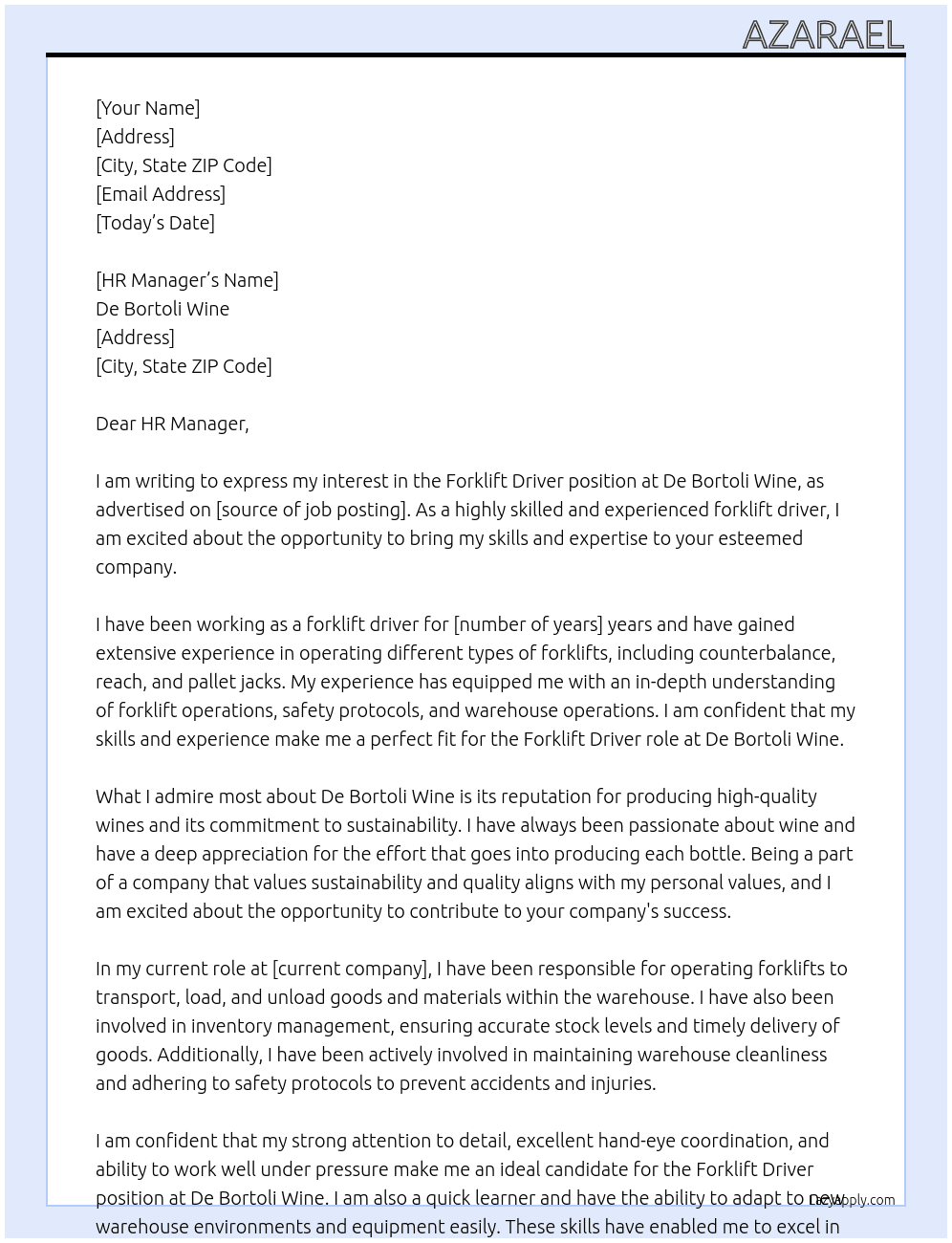 Forklift Driver At De Bortoli Wine Cover Letter
