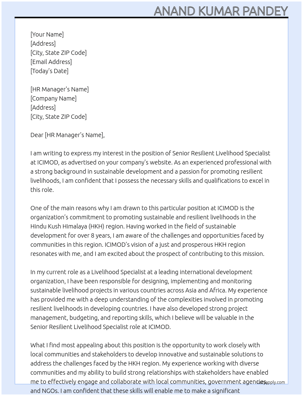 Senior resilient livelihood specialist  At ICIMOD Cover Letter