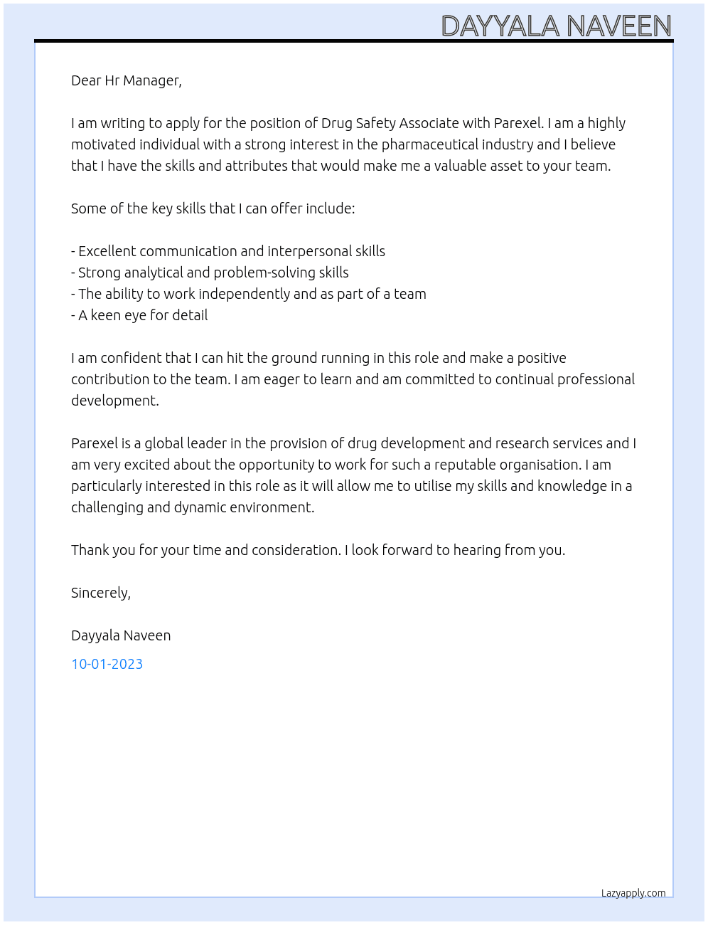 Drug Safety Associate  At Parexel Cover Letter