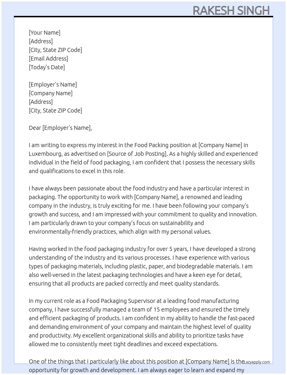 Food packing   At Luxembourg  Cover Letter