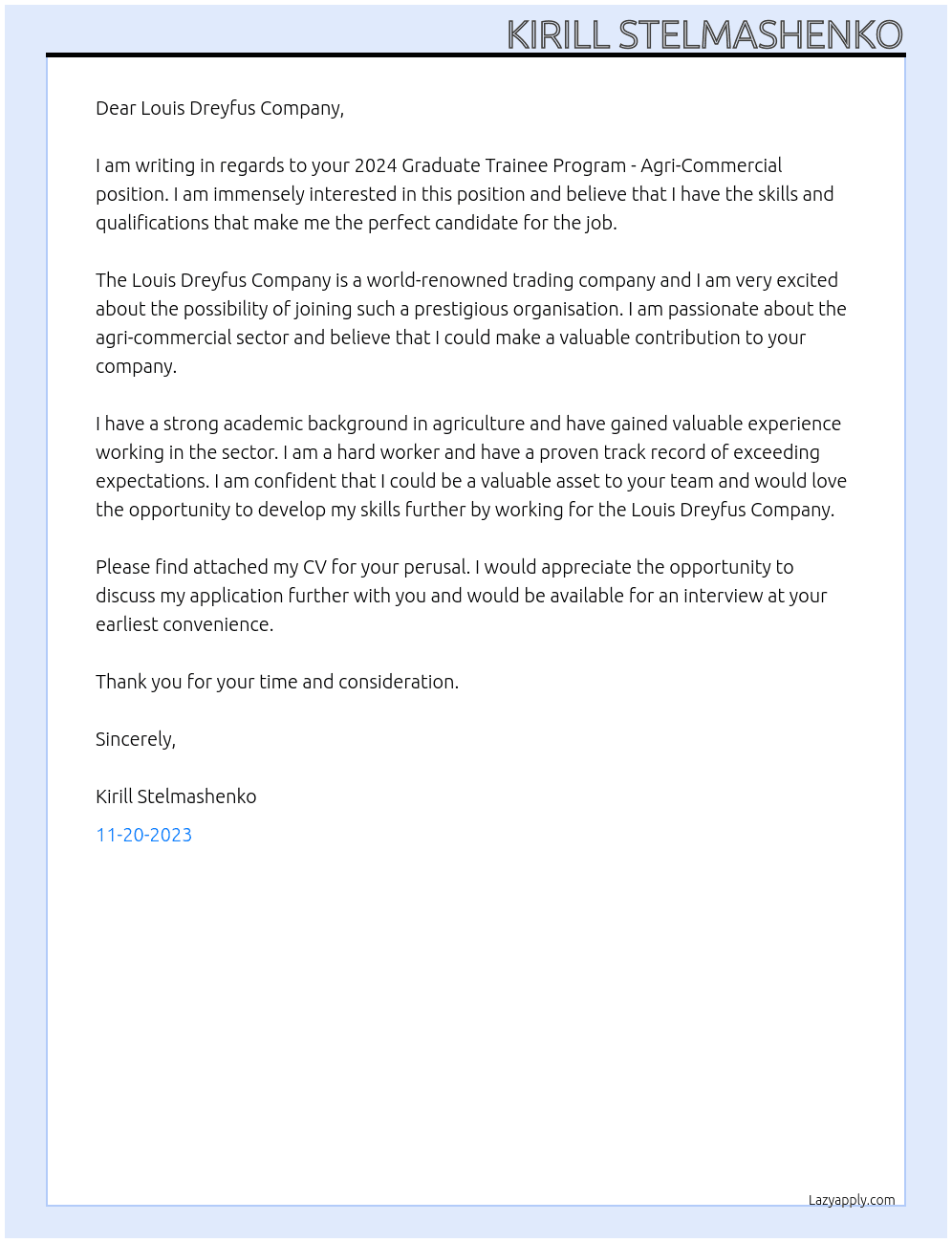 2024 Graduate Trainee Program - Agri-Commercial At Trading Cover Letter