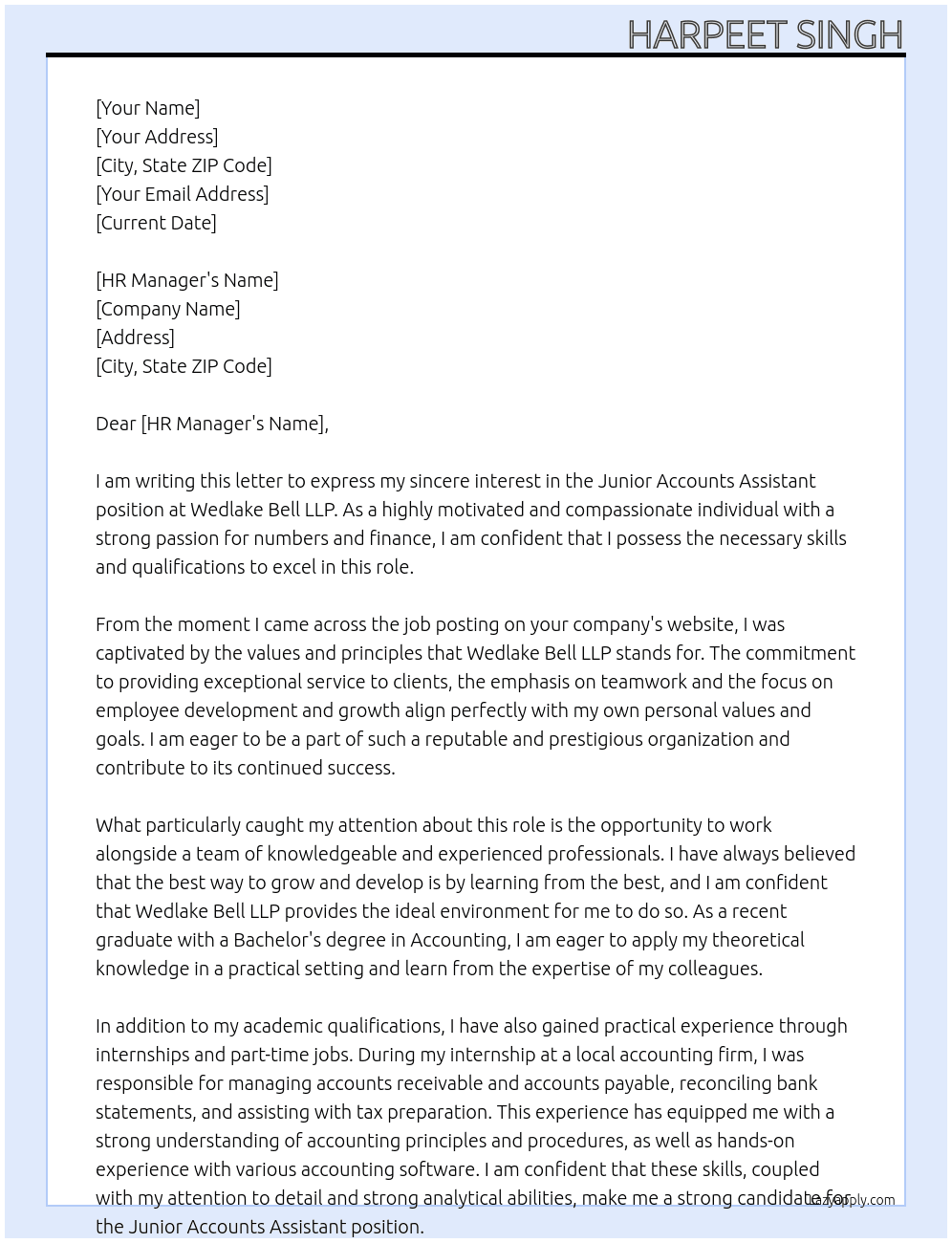 Junior Accounts Assistant At Wedlake Bell LLP Cover Letter
