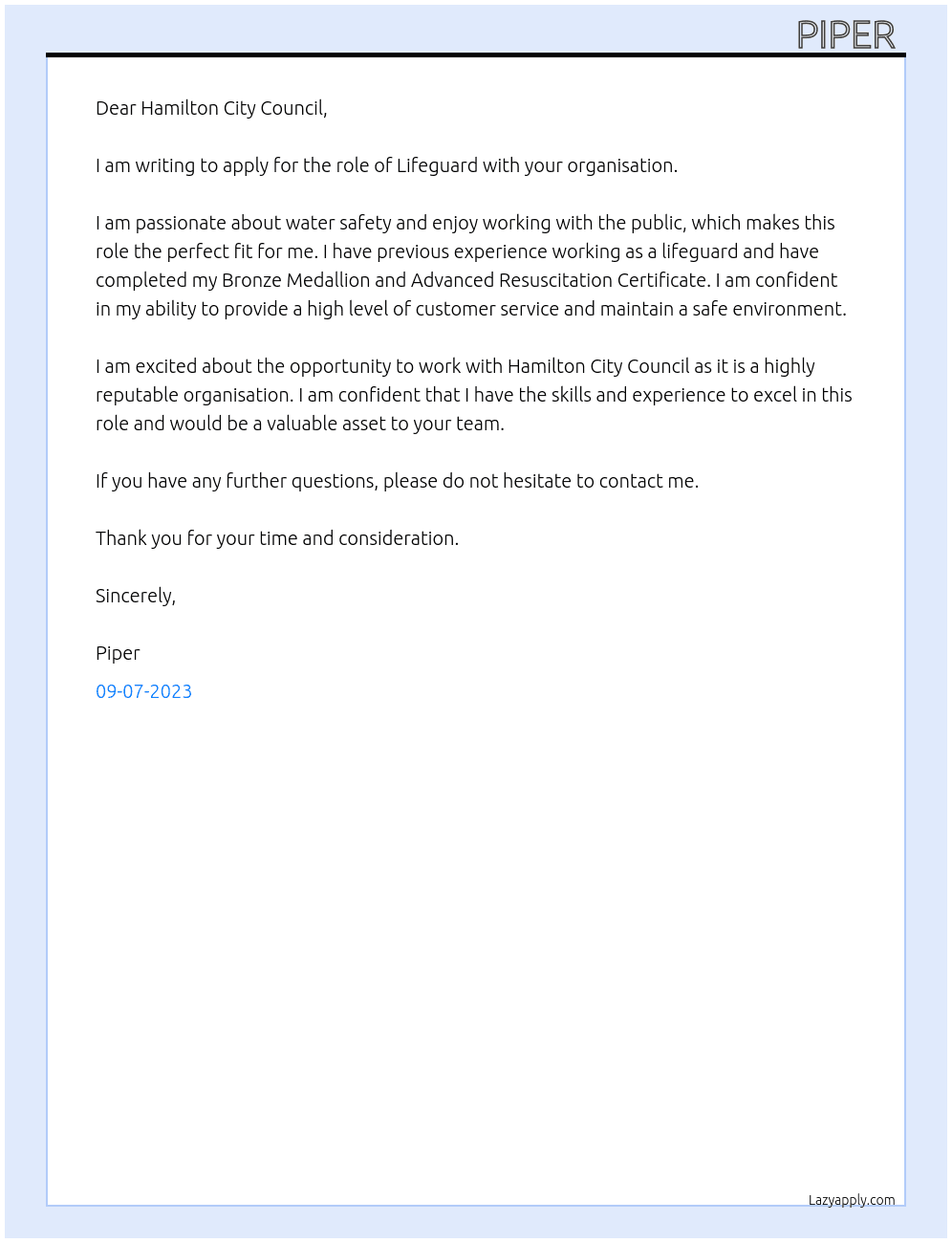 Life guard  At Hamilton city council  Cover Letter