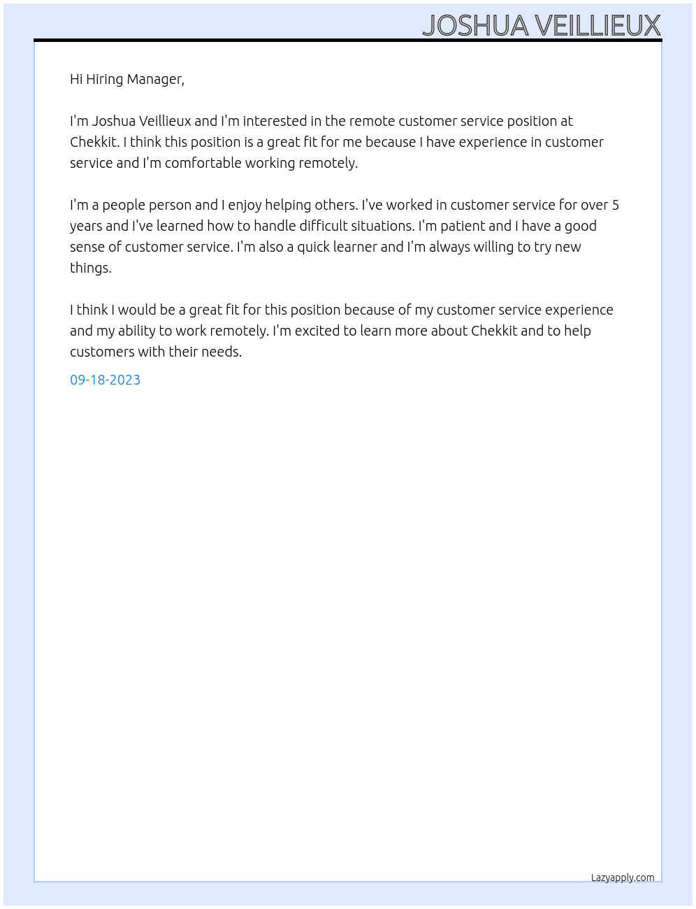 Remote Customer Service At Chekkit Cover Letter