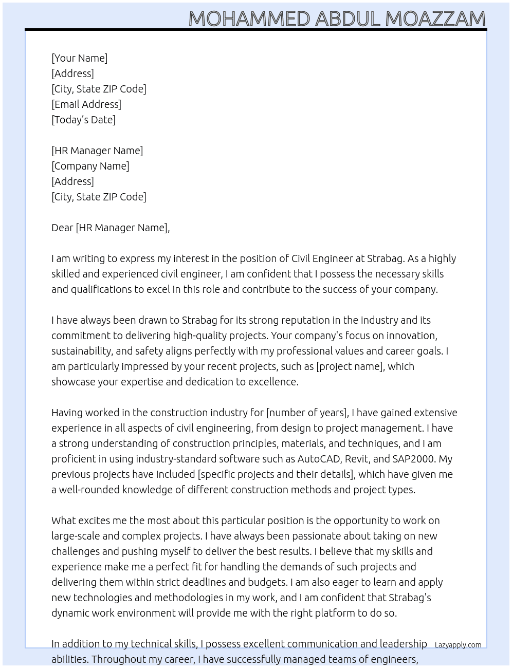 Civil Engineer  At Strabag Cover Letter