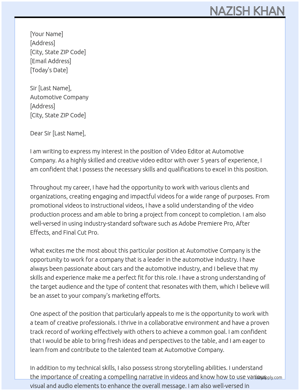 video editor At automotive Cover Letter