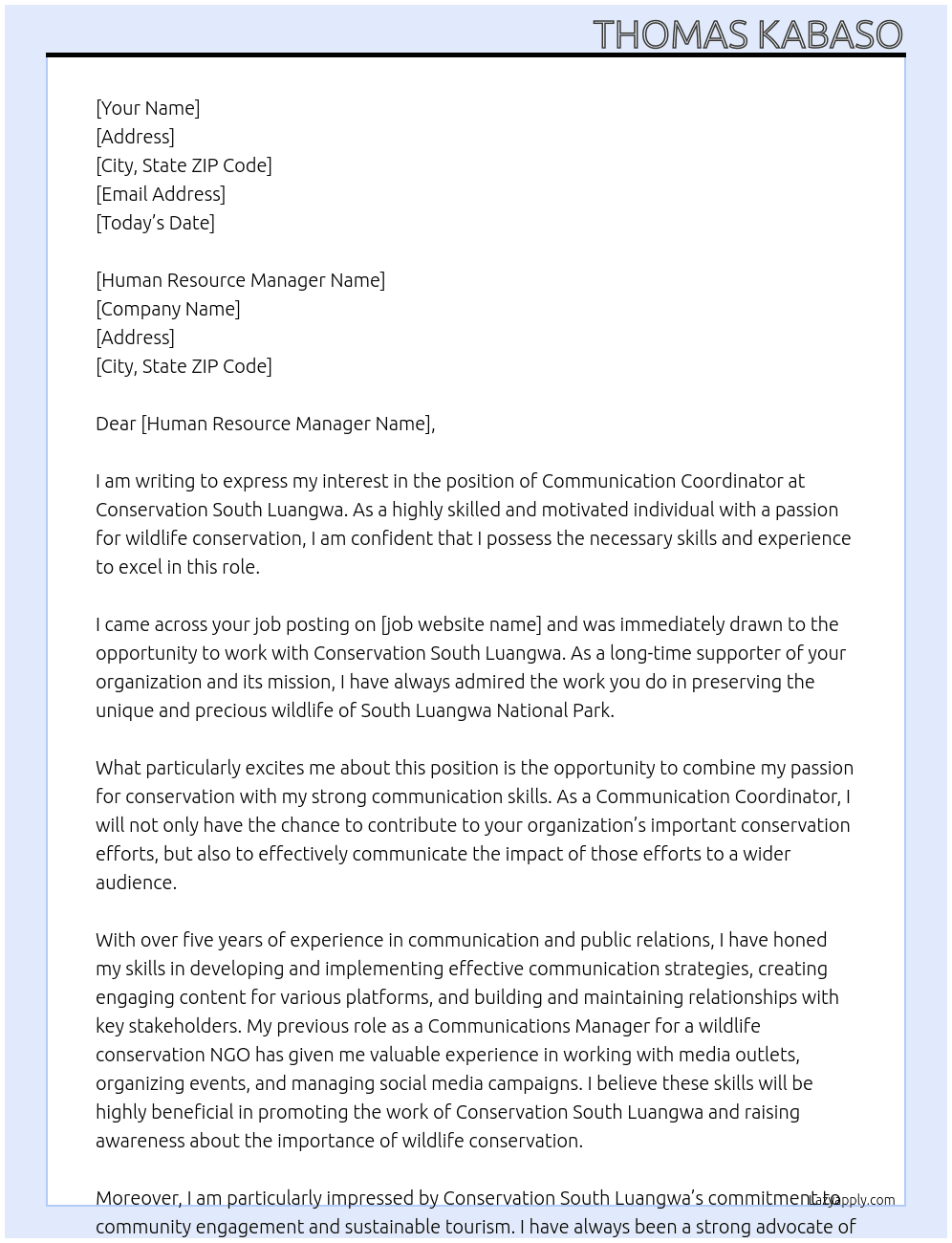 Communication Cordinator At Conservation South Luangwa Cover Letter