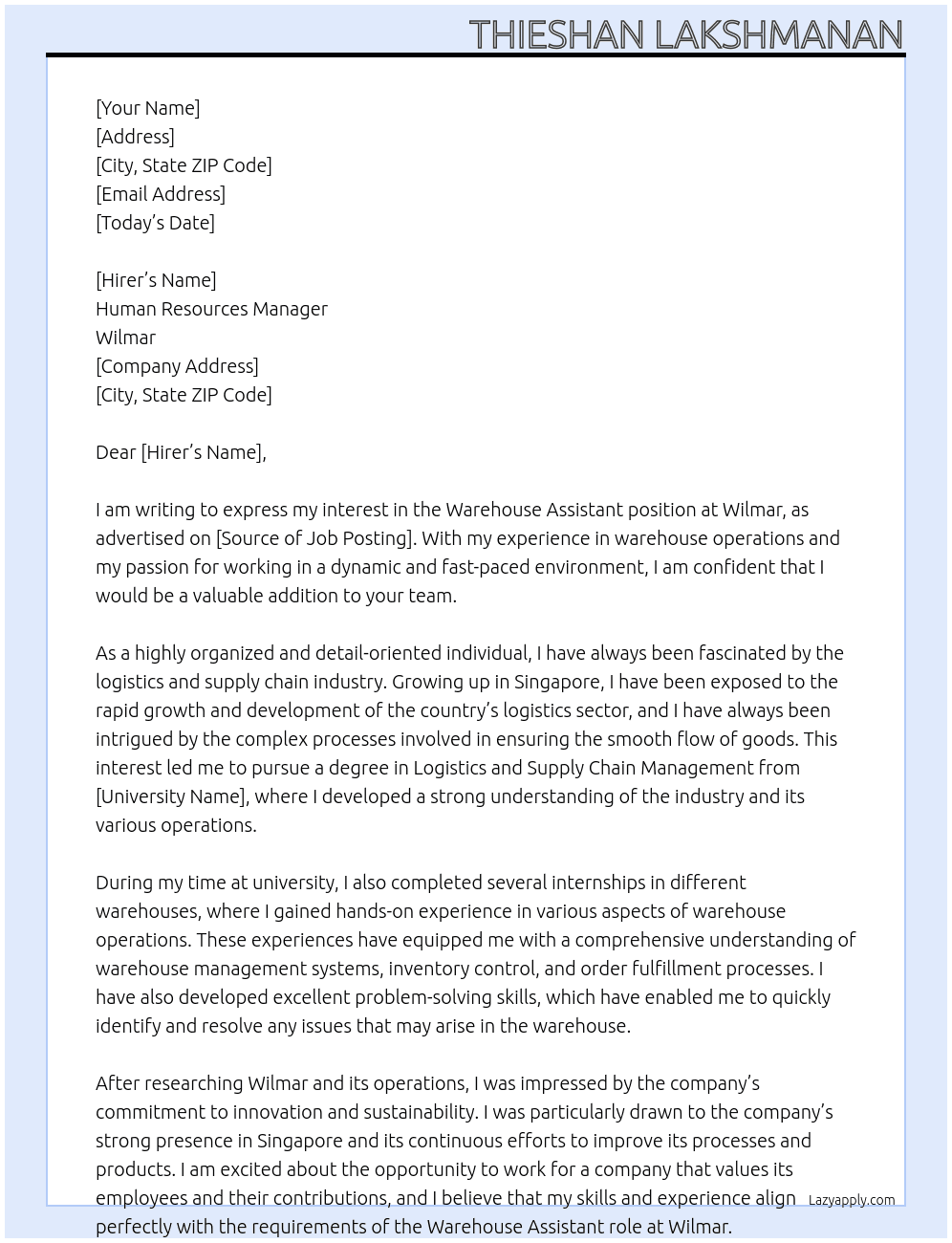 Warehouse assistant  At Wilmar  Cover Letter