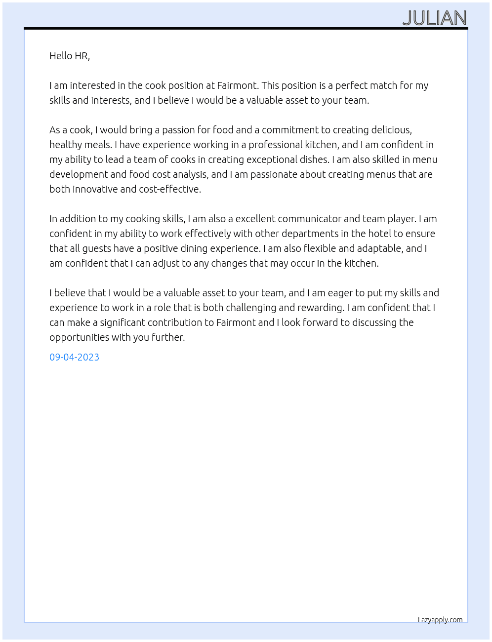 Cook At fairmont Cover Letter