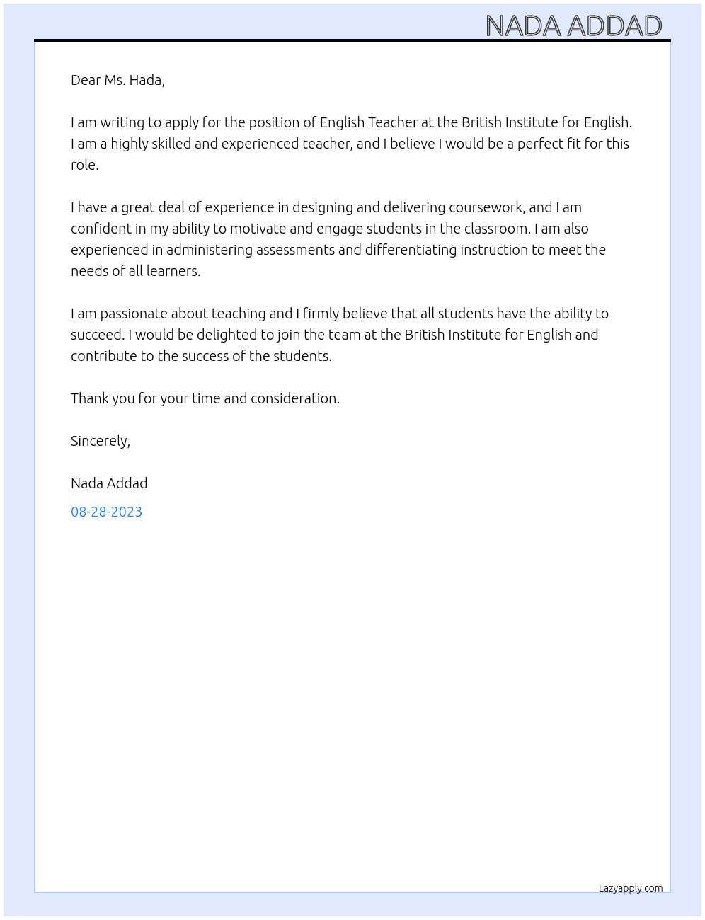  english teacher  At british Institute for english  Cover Letter